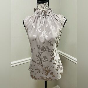 Ann Taylor Factory Soft Silver Floral High-Neck Satin Blouse